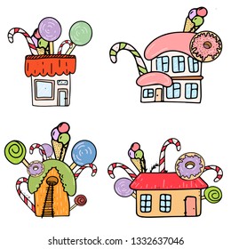 Fairy Tale houses in forests. Hand drawn cute little houses doodle style several objects copy space. Cartoon houses and game icons. Design for poster, invitation card, logo, cover or book.