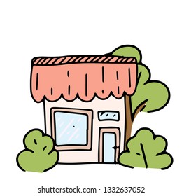 Fairy Tale houses in forests. Hand drawn cute little houses doodle style several objects copy space. Cartoon houses and game icons. Design for poster, invitation card, logo, cover or book.