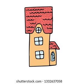 Fairy Tale houses in forests. Hand drawn cute little houses doodle style several objects copy space. Cartoon houses and game icons. Design for poster, invitation card, logo, cover or book.