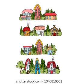 Fairy Tale houses in forests. Hand drawn cute little houses doodle style several objects copy space. Cartoon houses and game icons. Design for poster, invitation card, logo, cover or book.