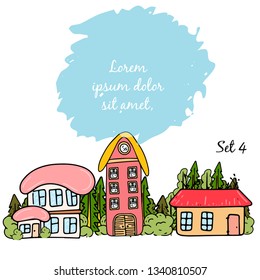 Fairy Tale houses in forests. Hand drawn cute little houses doodle style several objects copy space. Cartoon houses and game icons. Design for poster, invitation card, logo, cover or book.