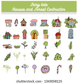 Fairy Tale houses in forests. Hand drawn cute little houses doodle style several objects copy space. Cartoon houses and game icons. Design for poster, invitation card, logo, cover or book.