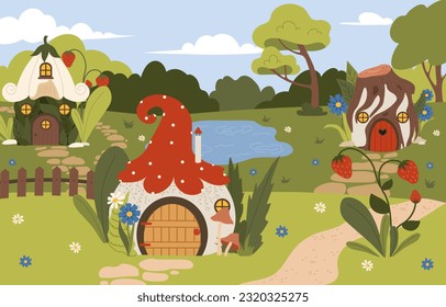 Fairy tale houses landscape concept. Imagination and fantasy, dream. Building in flower, tree and mushroom. Dwarves and elves. Beautiful natural panorama. Cartoon flat vector illustration