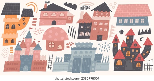 Fairy tale houses set. Cute hand drawn doodle kingdom clip art for kids. Magic castle, tower, mushroom gnome house, fortress, witch castle, village cottages, princess castle.