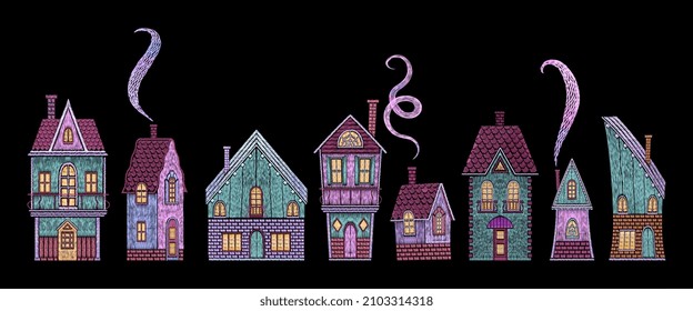 Fairy tale houses. Steampunk style buildings, retro house. Embroidery architecture elements. Silk stitch patches for clothes, textile, accessories. Nowaday vector collection