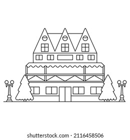 Fairy tale hut. Hotel architecture design.Real estate market. Mountain resort alpine pine trees and house.Isolated on white background. Outline vector illustration.