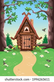 A Fairy Tale Hut Made Of Logs With Carved Trim On The Roof, A Chimney And A Horseshoe For Luck. Old Village House In The Forest. Vector Illustration In Cartoon Style. Magical Fairy Tale Background.