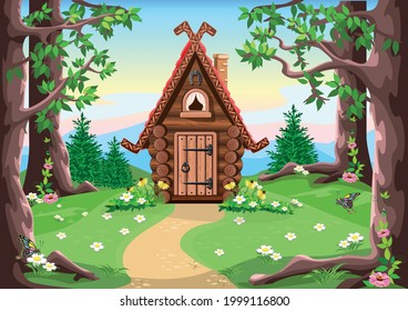 A Fairy Tale Hut Made Of Logs With Carved Trim On The Roof, A Chimney And A Horseshoe For Luck. Old Fairy Tale House In The Forest. Vector Illustration In Cartoon Style. Magical Fairy Tale Background.