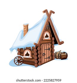 Una cabaña de cuento de hadas de troncos con techo cubierto de nieve, una chimenea de piedra y una herradura para la buena suerte. Vieja casa de pueblo en invierno. Ilustración vectorial al estilo de las caricaturas. Fondo invernal de cuento de hadas.