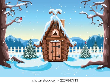 Eine Märchenhütte aus Holz mit schneebedecktem Dach, Steinkamin und Hufeisen zum Glück. Altes Dorfhaus im Winter. Vektorgrafik im Cartoon-Stil. Wintermärchenhafter Hintergrund.