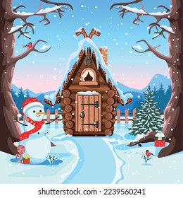 A fairy tale hut made of logs with a snow-covered roof, a stone chimney and a horseshoe for good luck. Old village house in winter. Vector illustration in cartoon style. Winter fairytale background.