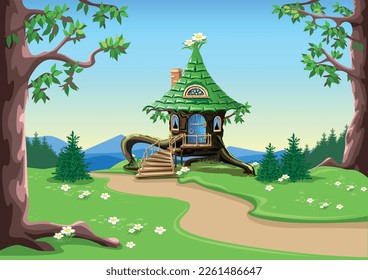 A fairy tale hut made of logs with carved trim on the roof, a chimney and a horseshoe for luck. Old fairy tale house in the forest. Vector illustration in cartoon style. Magical fairy tale background.