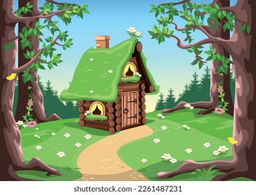 A fairy tale hut made of logs with carved trim on the roof, a chimney and a horseshoe for luck. Old fairy tale house in the forest. Vector illustration in cartoon style. Magical fairy tale background.