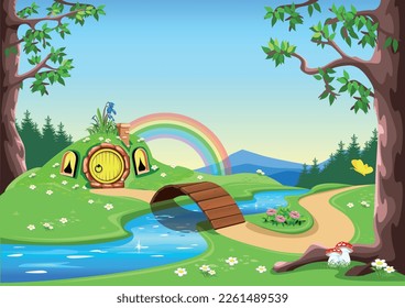 A fairy tale hut made of logs with carved trim on the roof, a chimney and a horseshoe for luck. Old fairy tale house in the forest. Vector illustration in cartoon style. Magical fairy tale background.