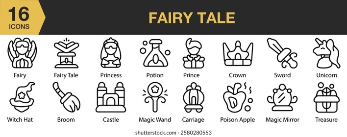 Fairy Tale icon set. Includes cute, fairy, cartoon, tale, magic, fantasy, and More. Outline icons vector collection.