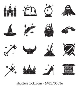 Fairy Tale Icons. Black Scribble Design. Vector Illustration.