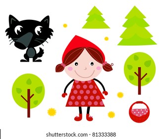 Fairy Tale icons collection isolated on white: Red Riding Hood, Wolf, Forest etc.
