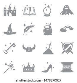 Fairy Tale Icons. Gray Flat Design. Vector Illustration.