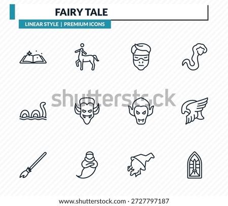 fairy tale icons set - fairy tale, centaur, protagonist, valkyrie, stained glass outline vector collection.