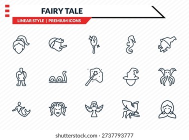 fairy tale icons set - damsel, pinocchio, giant, harpy, little red riding hood outline vector collection.