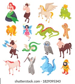 Fairy tale icons set with magic creatures isometric isolated vector illustration