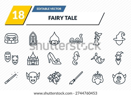 fairy tale icons set -  , stained glass, troll, queen, cyclops outline vector collection.