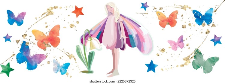 Fairy tale illustration with butterflies stars. Holiday wallpaper, Valentines day, birthday template.