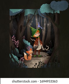 Fairy tale illustration cute little boy wizard in front of night forest with magic staff and fox