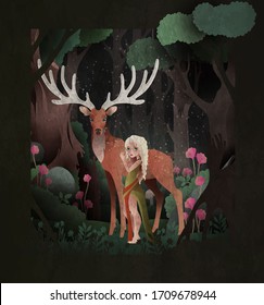 Fairy tale illustration girl and king stag in front of dark magic forest