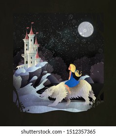 Fairy tale illustration girl riding polar bear in front of winter castle