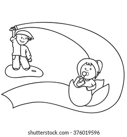 fairy tale illustration of kids paint a rainbow and inflate bubbles coloring