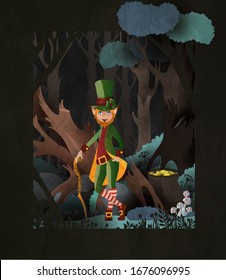 Fairy tale illustration Leprechaun wearing hardtop hat with pot of gold coins in front of dark forest