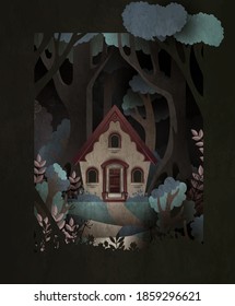 Fairy tale illustration little house in front of dark forest