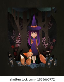 Fairy tale illustration little witch with broom and sitting fox in front of night forest