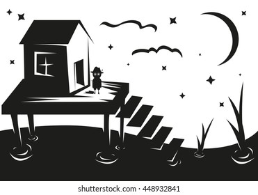 Fairy Tale Illustration In A Swamp With A Shack