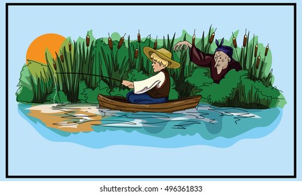Fairy tale illustration. Ukrainian folk tale. Boy and witch. Postcard. Book Illustration.