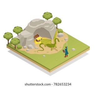 Fairy tale isometric composition with brave knight challenging guarding treasures dragon at cave entrance vector illustration 