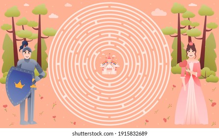 Fairy tale kids labyrinth for children books or printable worksheets, royal family concept, help find right way to castle, happy knight and princess, colourful landscape