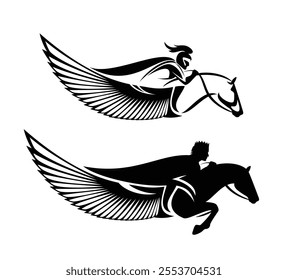 fairy tale king or prince knight wearing royal crown and long cloak riding horse jumping forward - black and white vector profile silhouette portrait