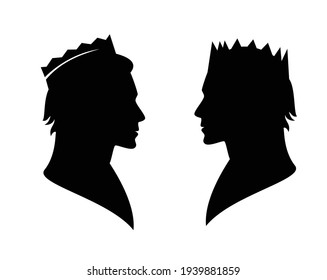 Fairy Tale King Or Prince Wearing Royal Crown - Noble Man Black And White Vector Silhouette Head Portrait