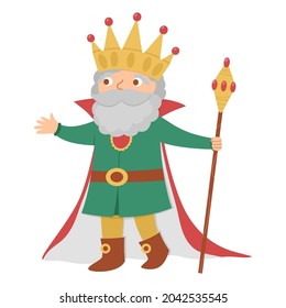 Fairy tale king with scepter isolated on white background. Vector fantasy monarch in crown and mantle. Medieval fairytale prince character. Cartoon magic sovereign icon
