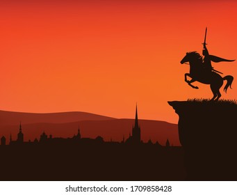 fairy tale king with sword in hand riding rearing up horse on a cliff above medieval city - vector silhouette of fantasy or legend scene