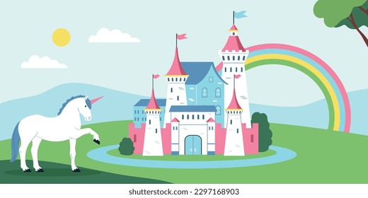 Fairy tale kingdom background with castle and unicorn symbols flat vector illustration