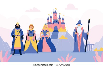 Fairy tale kingdom with cartoon characters of queen king princess colored background vector illustration