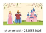 Fairy tale kingdom. King and princess near ancient castle. Fantasy and imagination. Beautiful luxury clothes. Royal family. Flat vector illustration isolated on white background