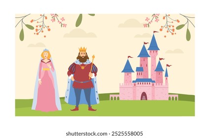 Reino dos contos de fadas. Rei e princesa perto do castelo antigo. Fantasia e imaginação. Belas roupas de luxo. Família real. Ilustração de vetor plano isolada no plano de fundo branco