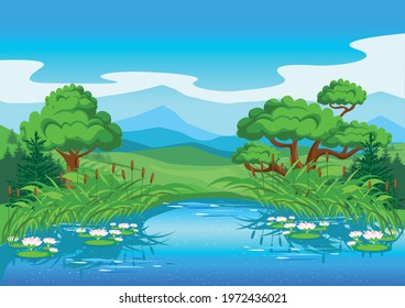 Fairy tale lake in the reeds and with beautiful water lilies against the backdrop of a beautiful landscape with mountains. Vector illustration in cartoon style.