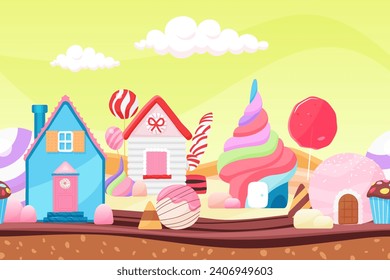 Fairy tale landscape with candy and cake houses, lollipop trees seamless background. Sweet confectionery land with gingerbread palaces, buildings with caramel and cookie cartoon vector illustration