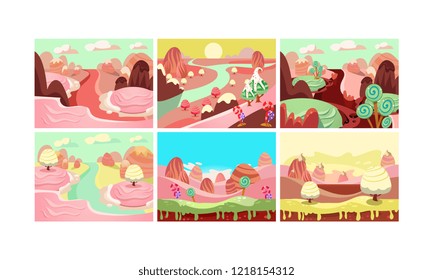 Fairy tale landscape collection, candy land, details for computer game interface vector Illustration on a white background