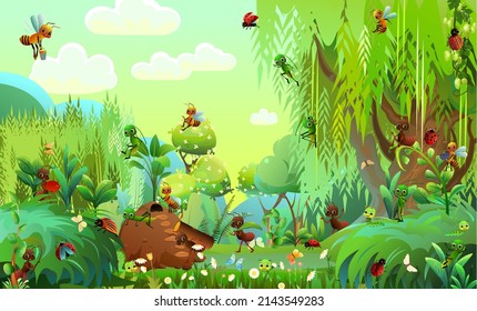Fairy tale landscape forest glade. Little funny insects live. Butterflies among flowers. Ant, ladybug and caterpillar. Colorado potato beetle, bee and grasshopper. Cute cartoon style. Vector.